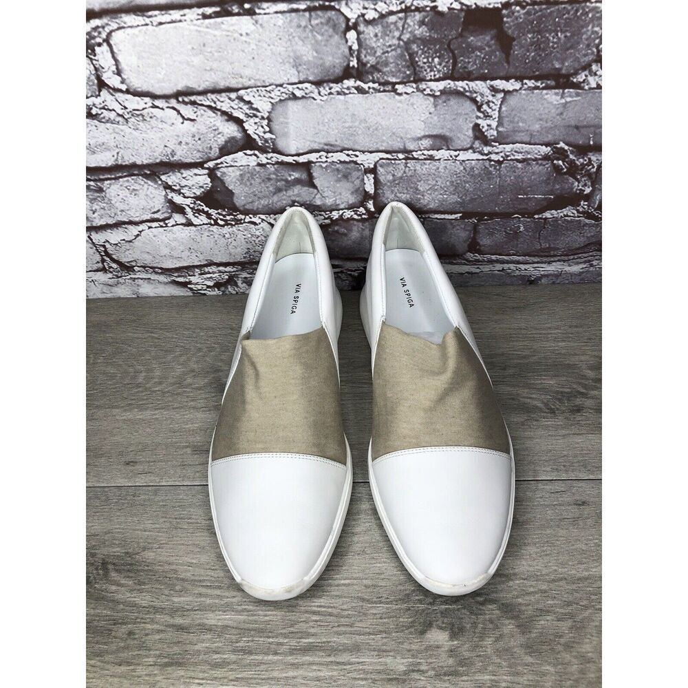 Via Spiga White Leather Beige Fabric Slip On Sneakers Women’s Sz 9.5M US/39.5EU